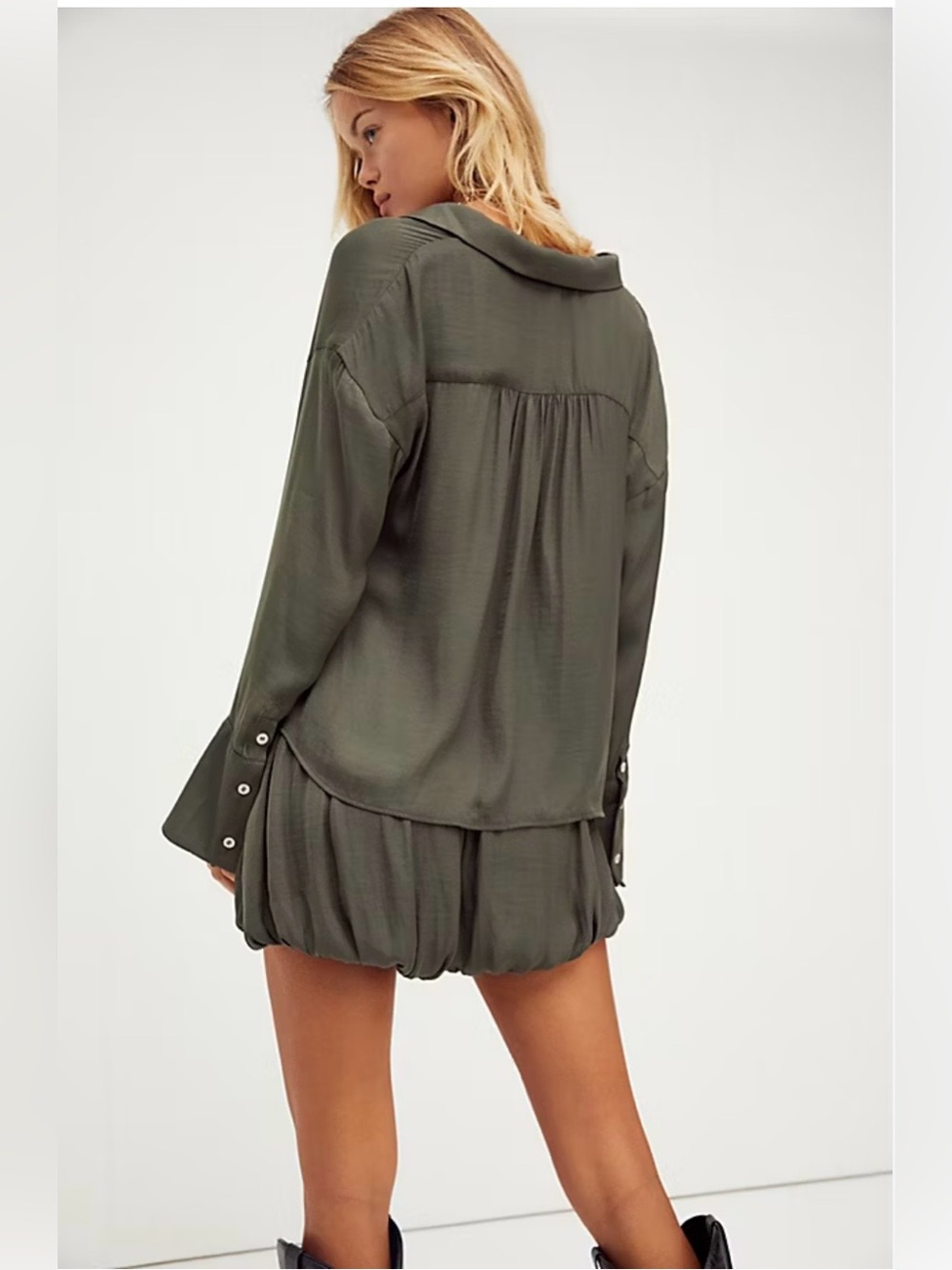 Free People Olive Green Relaxed Bubble Hem Shorts - Picture 2 of 16